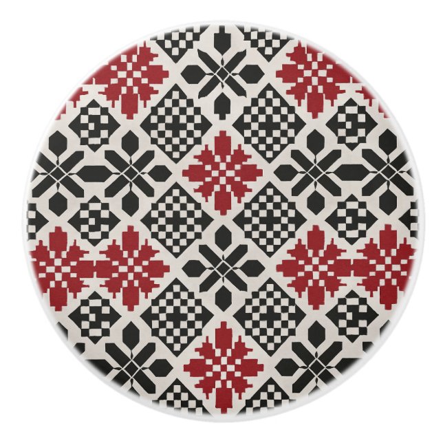 Red Black White Geometric Folk Mönster Knopp (Framsidan)