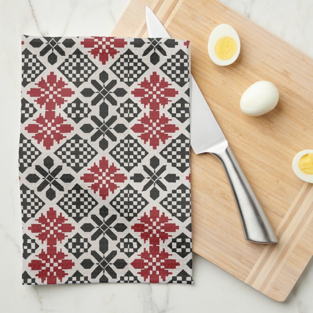 Red Black White Geometric Folk Mönster Kökshandduk (Vikt i Fjärdedel)