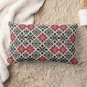 Red Black White Geometric Folk Mönster Lumbarkudde