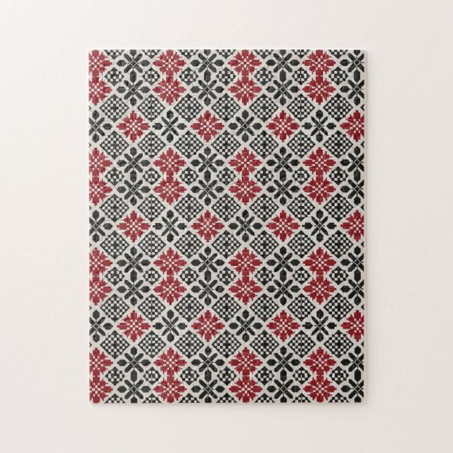 Red Black White Geometric Folk Mönster Pussel (Vertikal)