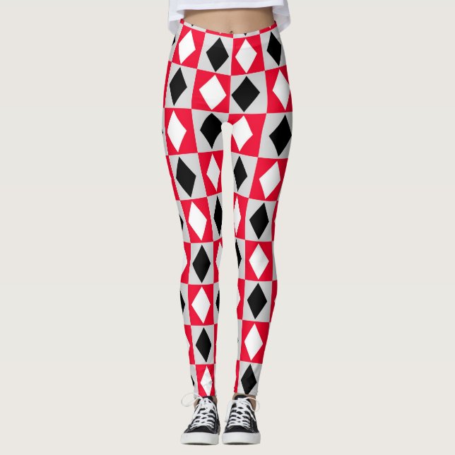 Red Black White Geometric Rhombus Diamond Leggings (Framsida)