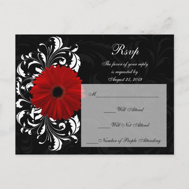Red+Black+White Gerbera Daisy OSA Reply Inbjudan Vykort (Framsida)