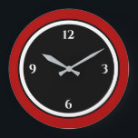 Red Black & White, minimalistiskt stort klocka<br><div class="desc">Modern klocka har en minimalistisk design i en röd, svart och vit färg-palett. En enkel design med vita siffror på en svart bakgrund med rött gräns. En modern snyggt till ditt kök, vardagsrum eller kontorsvägg, en tänkvärd modern kontorsgåva eller en modern hemgåva till vilken tillfälle som helst. Du kan anpassa...</div>