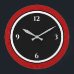Red Black & White, minimalistiskt stort klocka<br><div class="desc">Modern klocka har en minimalistisk design i en röd, svart och vit färg-palett. En enkel design med vita siffror på en svart bakgrund med rött gräns. En modern snyggt till ditt kök, vardagsrum eller kontorsvägg, en tänkvärd modern kontorsgåva eller en modern hemgåva till vilken tillfälle som helst. Du kan anpassa...</div>