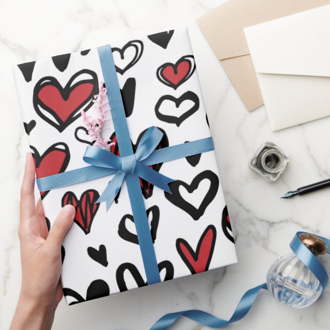 Red Black White Mönster Hearts Alla hjärtans dag Presentpapper (Gifting)