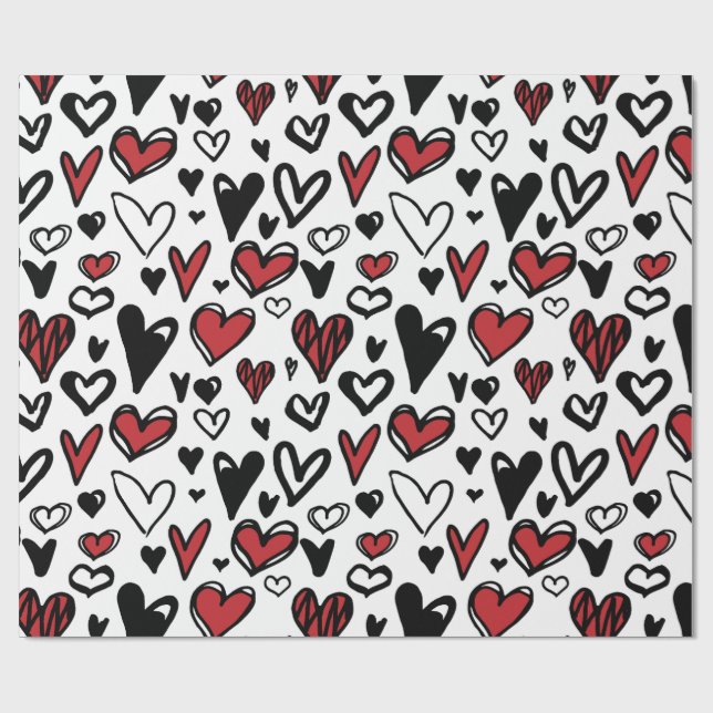 Red Black White Mönster Hearts Valentine Presentpapper (Platt)