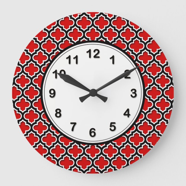 Red Black White Moroccan Quatrefoil Mönster #5DS Stor Klocka (Framsida)