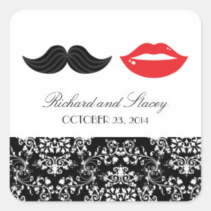 Red, Black & White Mustache & Läppar Damask Weddin Fyrkantigt Klistermärke