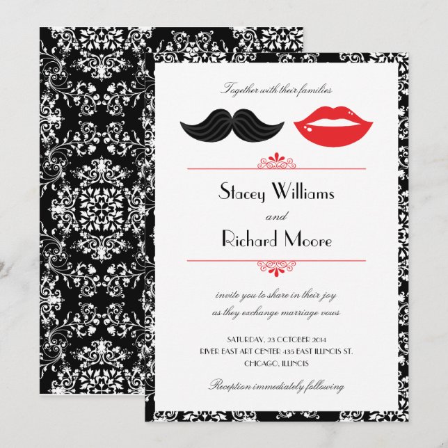 Red, Black & White Mustache & Läppar Damask Weddin Inbjudningar (Fram/baksida)