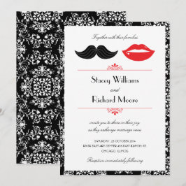 Red, Black & White Mustache & Läppar Damask Weddin Inbjudningar