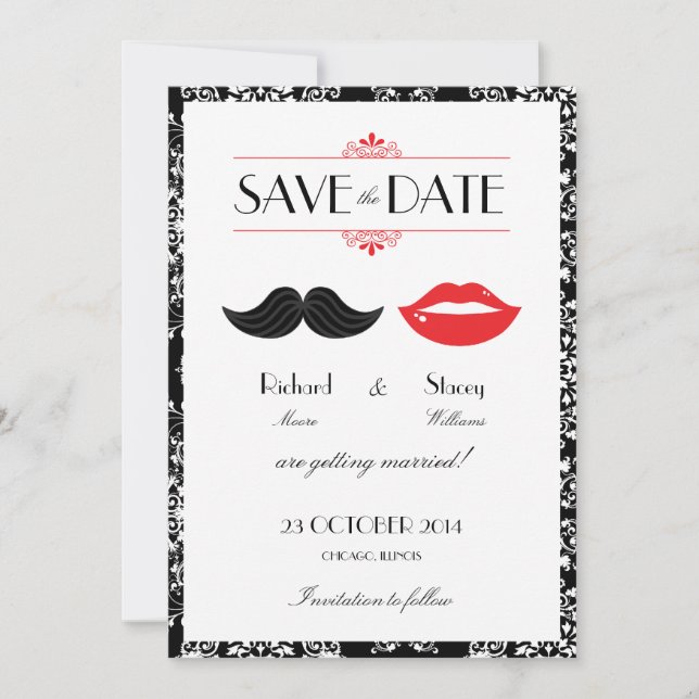 Red, Black & White Mustache & Läppar Damask Weddin Spara Datumet (Framsida)