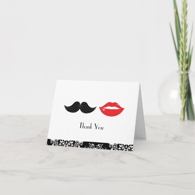 Red, Black & White Mustache & Läppar Damask Weddin Tack Kort (Framsida)