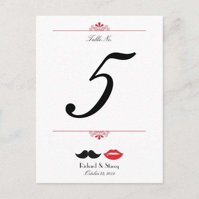 Red, Black & White Mustache & Läppar Damask Weddin Vykort (Framsida)