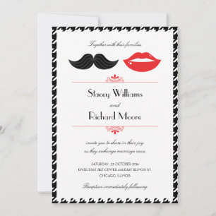 Red, Black & White Mustache & Läppar Houndstooth W Inbjudningar