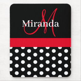 Red Black White Polka Dot Monogram Mouse Pad Musmatta