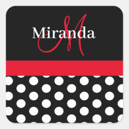 Red Black White Polka Dot Monogram Square Sticker Fyrkantigt Klistermärke