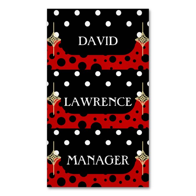 RED BLACK WHITE POLKA DOTS MODERN TRENDIG MANAGER MAGNETISKA VISITKORT (Framsida vertikal)
