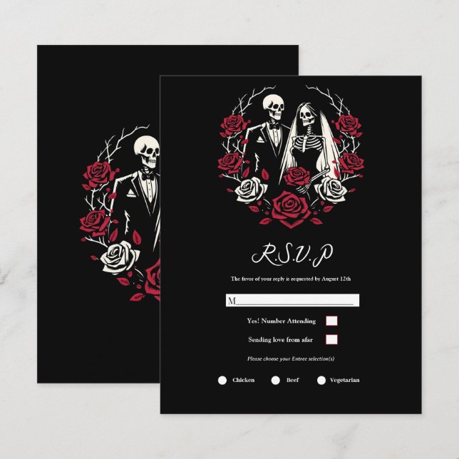 Red & Black White Ro Skeleton Bröllop OSA Inbjudningar (Fram/baksida)