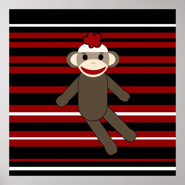 Red Black White Stripe Sock monkey Girl Sitta Poster (Framsidan)