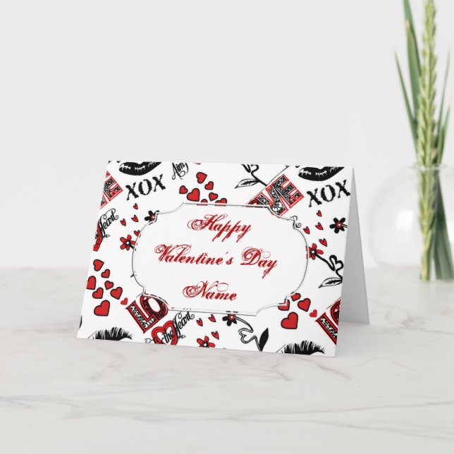 Red Black White Valentine Motif Greeting Card Helgkort (Framsida)