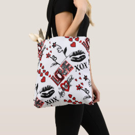 Red Black White Valentine Motif Tote Bag Tygkasse