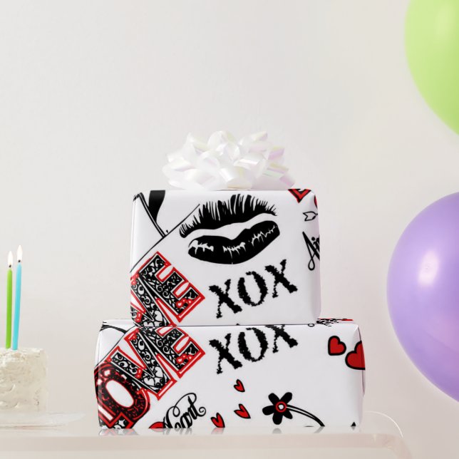 Red Black White Valentine Motif Wrapping Papper Presentpapper (Festgåvor)