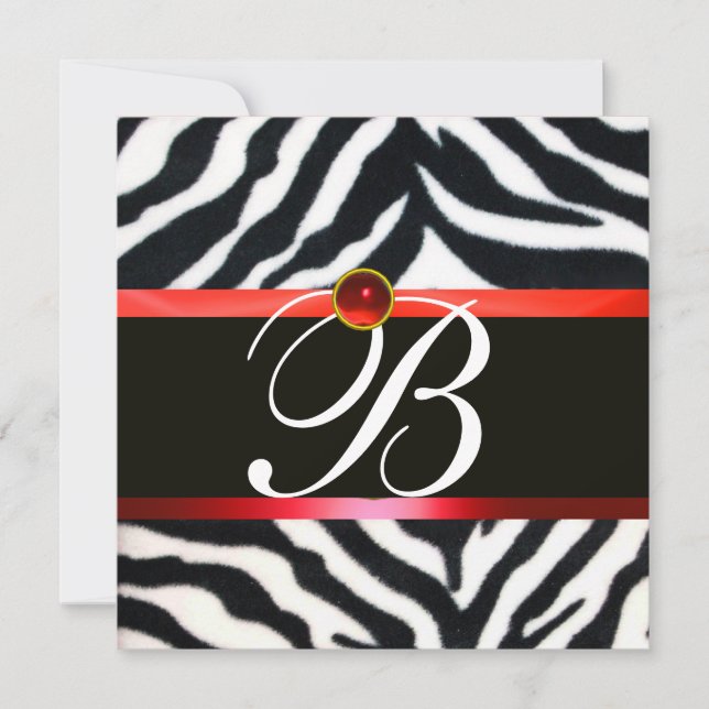 RED BLACK WHITE ZEBRA PÄLS MONOGRAM, ruby gemstone Inbjudningar (Framsida)