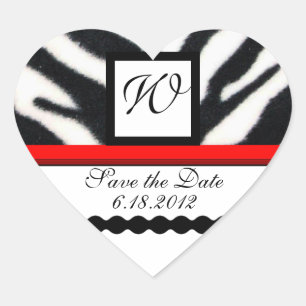 RED BLACK WHITE ZEBRA PÄLS MONOGRAM,Spara datum Hjärtformat Klistermärke