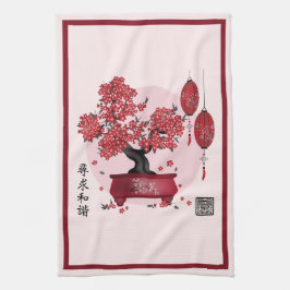 Red blommar bonsai 'Seek harmony' på kinesiska Kökshandduk