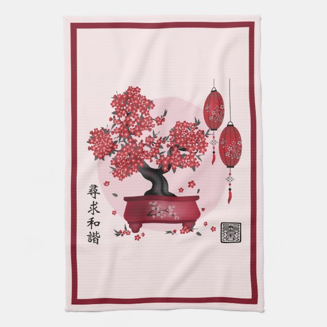 Red blommar bonsai 'Seek harmony' på kinesiska Kökshandduk (Vertikal)