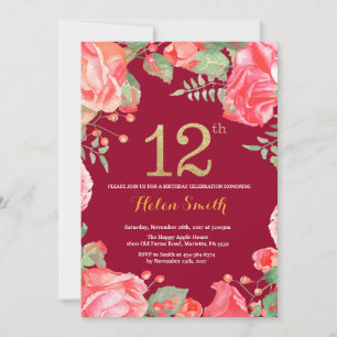 Red Blommigt 12:e Birthday Guld Glitter Burgundy R Inbjudningar