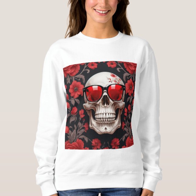 Red Blommigt 3D Dead Skull med solglasögon T Shirt (Framsida)