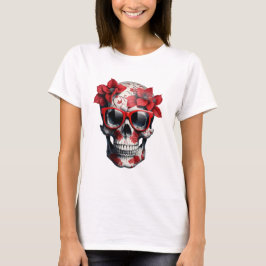 Red Blommigt 3D Dead Skull med solglasögon T Shirt