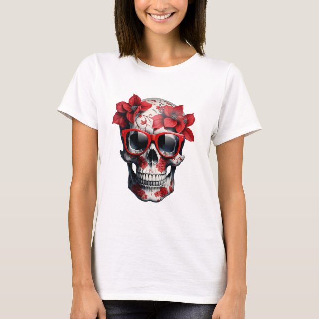 Red Blommigt 3D Dead Skull med solglasögon T Shirt (Framsida)