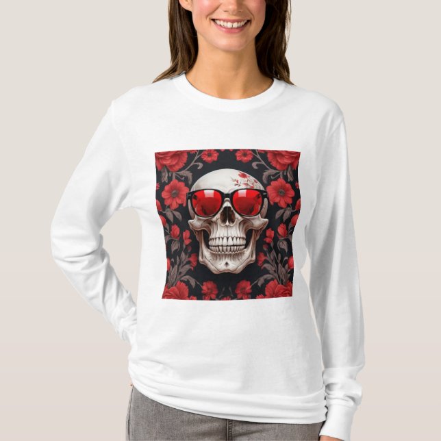 Red Blommigt 3D Dead Skull med solglasögon T Shirt (Framsida)