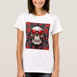 Red Blommigt 3D Dead Skull med solglasögon T Shirt