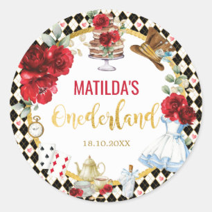 Red Blommigt Alice i Wonderland Birthday Onederlan Runt Klistermärke