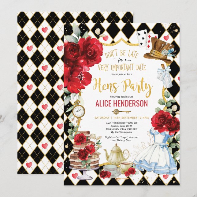 Red Blommigt Alice i Wonderland Hens Tea Party Inbjudningar (Fram/baksida)