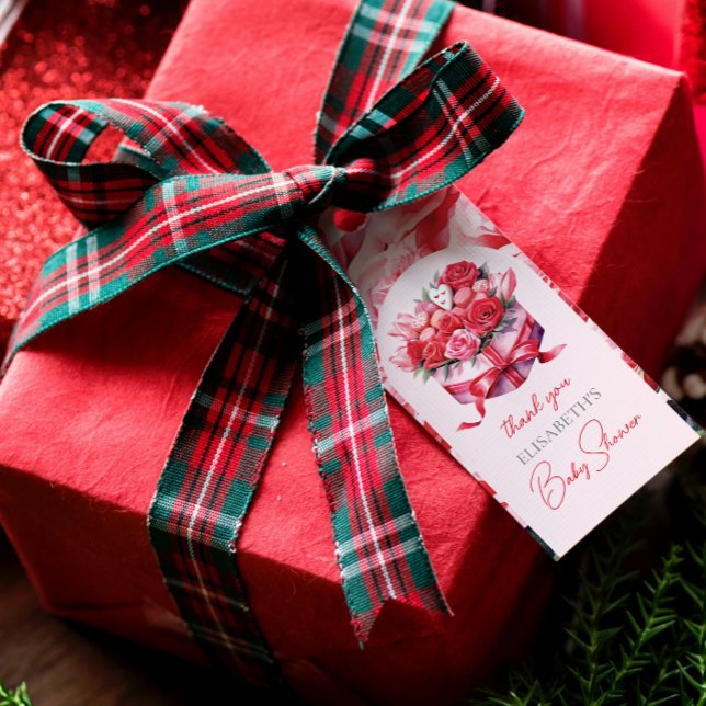 Red Blommigt Arch Baby Shower Tack Presentetikett (Skapare uppladdad)