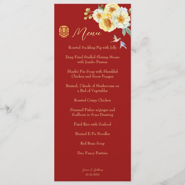 Red blommigt bird Chinese bröllop Meny (Framsida)