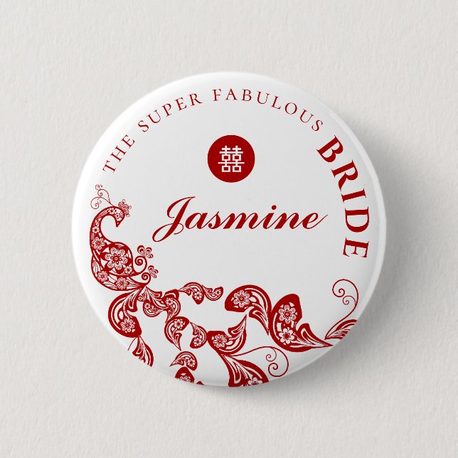 Red Blommigt Boho Chic Peacock Asian Bröllopsfest Knapp (Framsida)