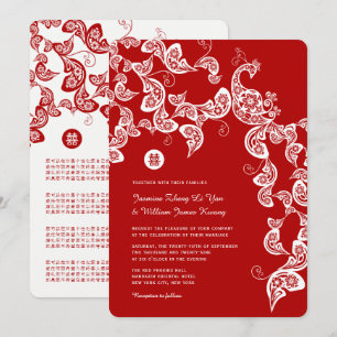 Red Blommigt Boho Peacock Elegant China Bröllop Inbjudningar