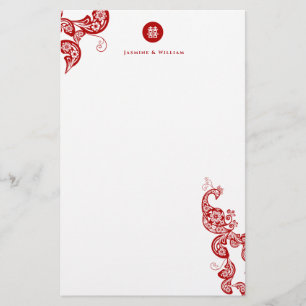 Red Blommigt Boho Peacock Östra Chic Asian Bröllop Brevpapper