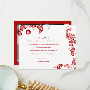 Red Blommigt Boho Peacock Östra Chic Asian Bröllop Tack Kort