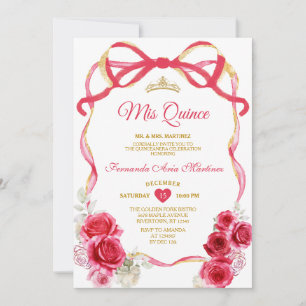 Red Blommigt Bow Ribbon Guld Krona Girl Mis Quince Inbjudningar