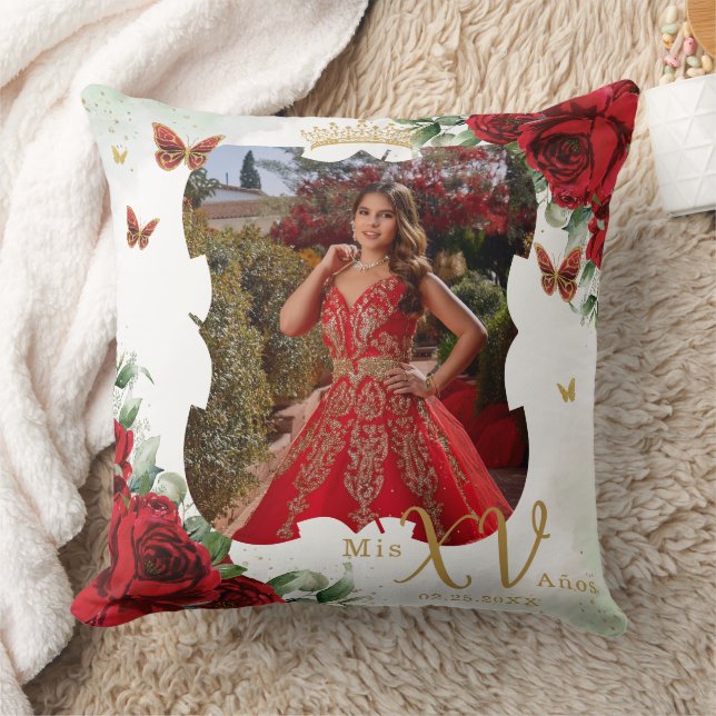 Red Blommigt Butterflies Bild Quinceañera Memento Kudde (Filt)