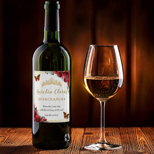 Red Blommigt Butterflies Guld Quinceañera Birthday Vinflaska Etikett