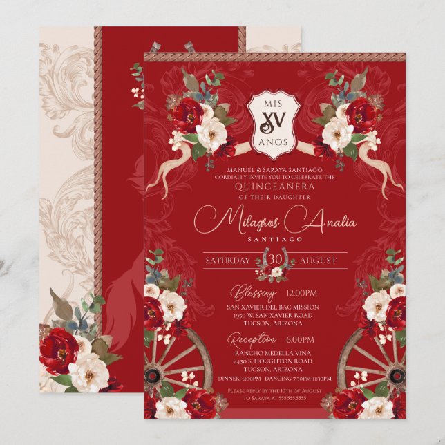 Red Blommigt Elegant Baroque Charra Quinceañera Inbjudningar (Fram/baksida)