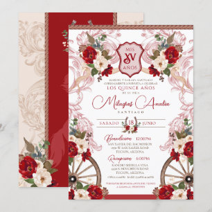 Red Blommigt Elegant Baroque Charro Quinceañera Inbjudningar