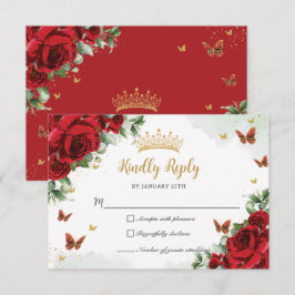 Red Blommigt Flowers Butterflies Guld Quinceañera OSA Kort